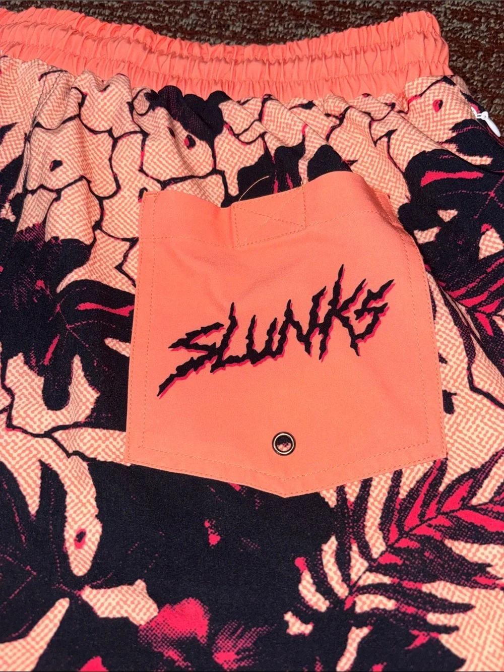 Slunks orange tropical print men’s lined shorts elastic waist beach volleyball
